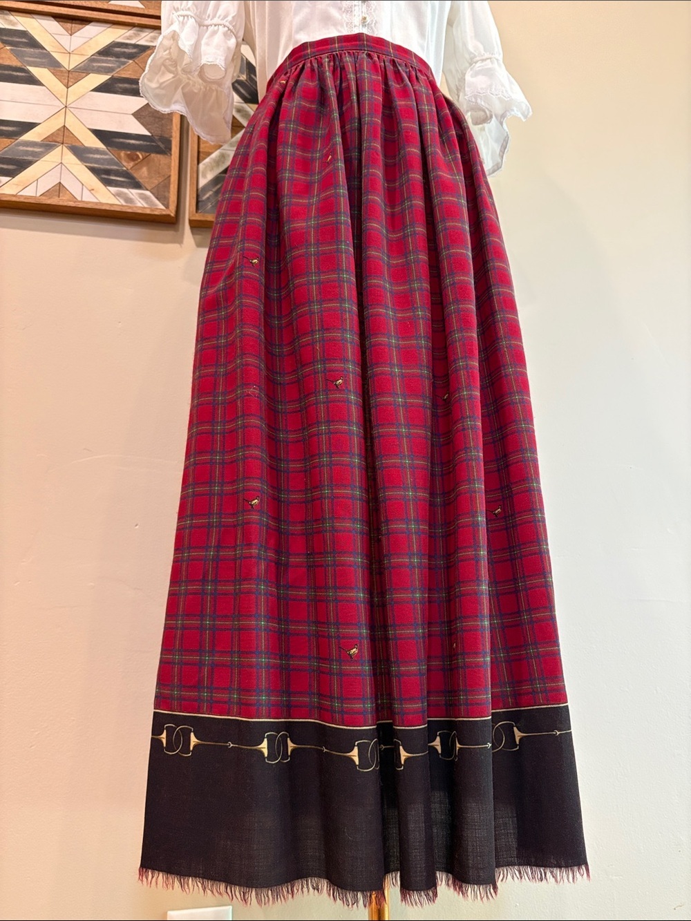 Vintage Ralph Lauren Red Plaid Wool Pheasant Equestrian Maxi Skirt Medium 12 - Picture 4 of 14